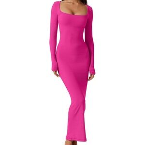 QINSEN Maxi Dress Square Neck Long Sleeve Ribbed Bodycon Lounge Dress Medium